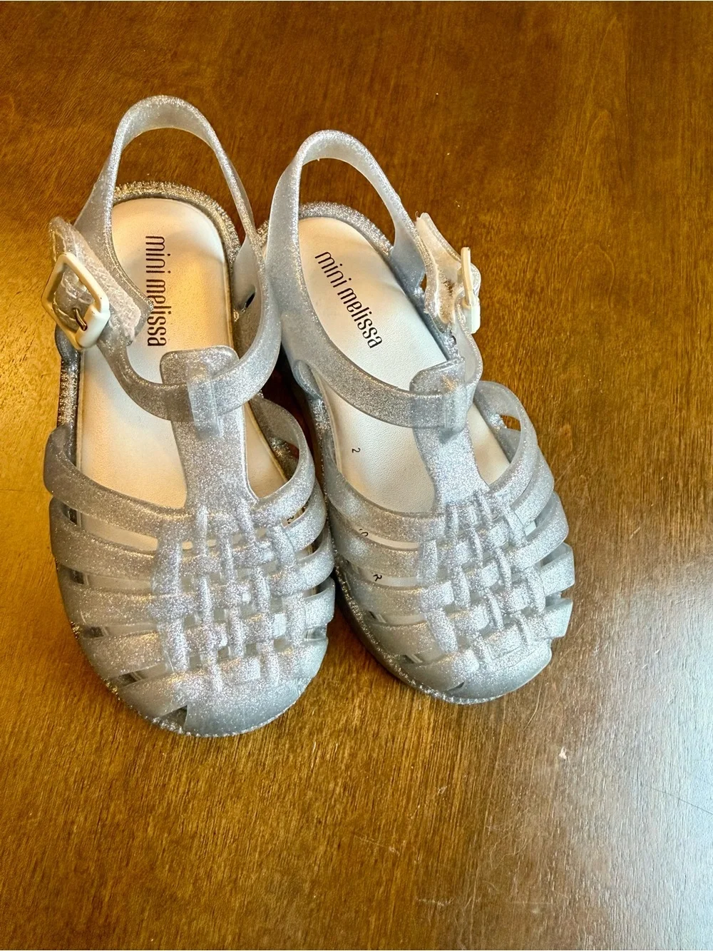 Mini Melissa Silver Glitter Jelly Sandals with Buckle